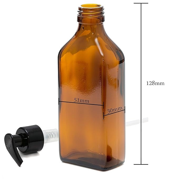 100ml Rectangular Amber Glass Bottle with Black Pump - Pack of 4