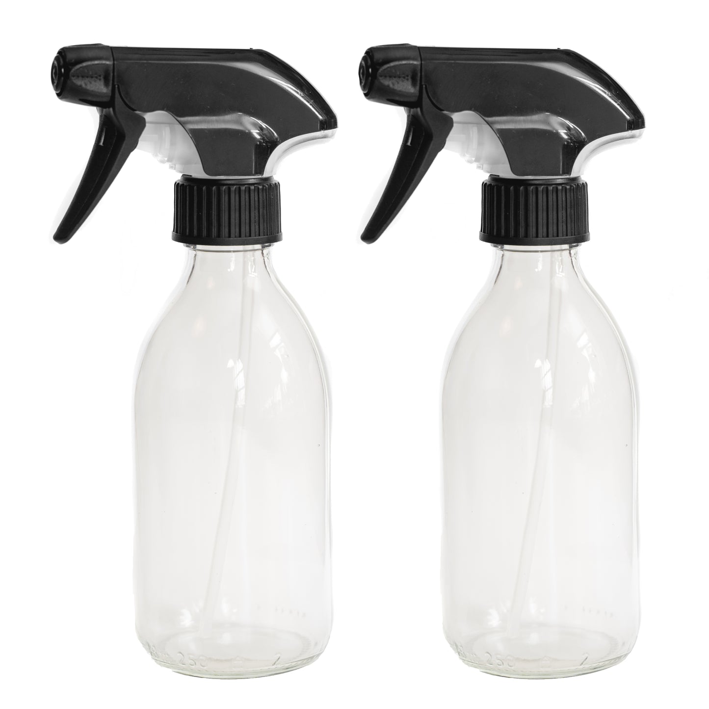250ml Clear Glass Bottles with Black Trigger Sprays - Pack of 2