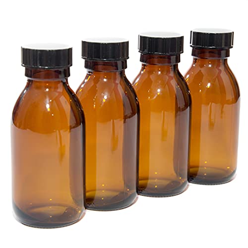 100ml Amber Glass Bottles with Black Lids - Pack of 4