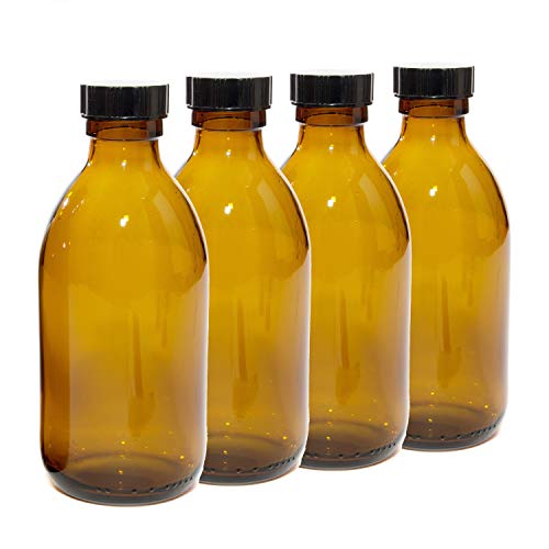 250ml Amber Glass Bottles with Black Lids - Pack of 4