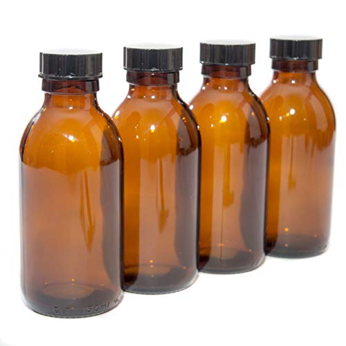 150ml Amber Glass Bottles with Black Lids - Pack of 4