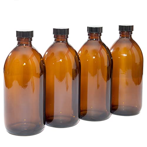 500ml Amber Glass Bottles with Black Lids - Pack of 4