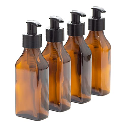100ml Rectangular Amber Glass Bottle with Black Pump - Pack of 4