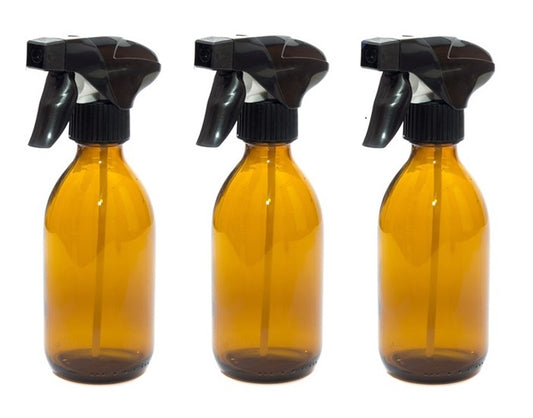250ml Amber Glass Bottles with Black Trigger Sprays - Pack of 3