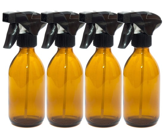 250ml Amber Glass Bottles with Black Trigger Sprays - Pack of 4