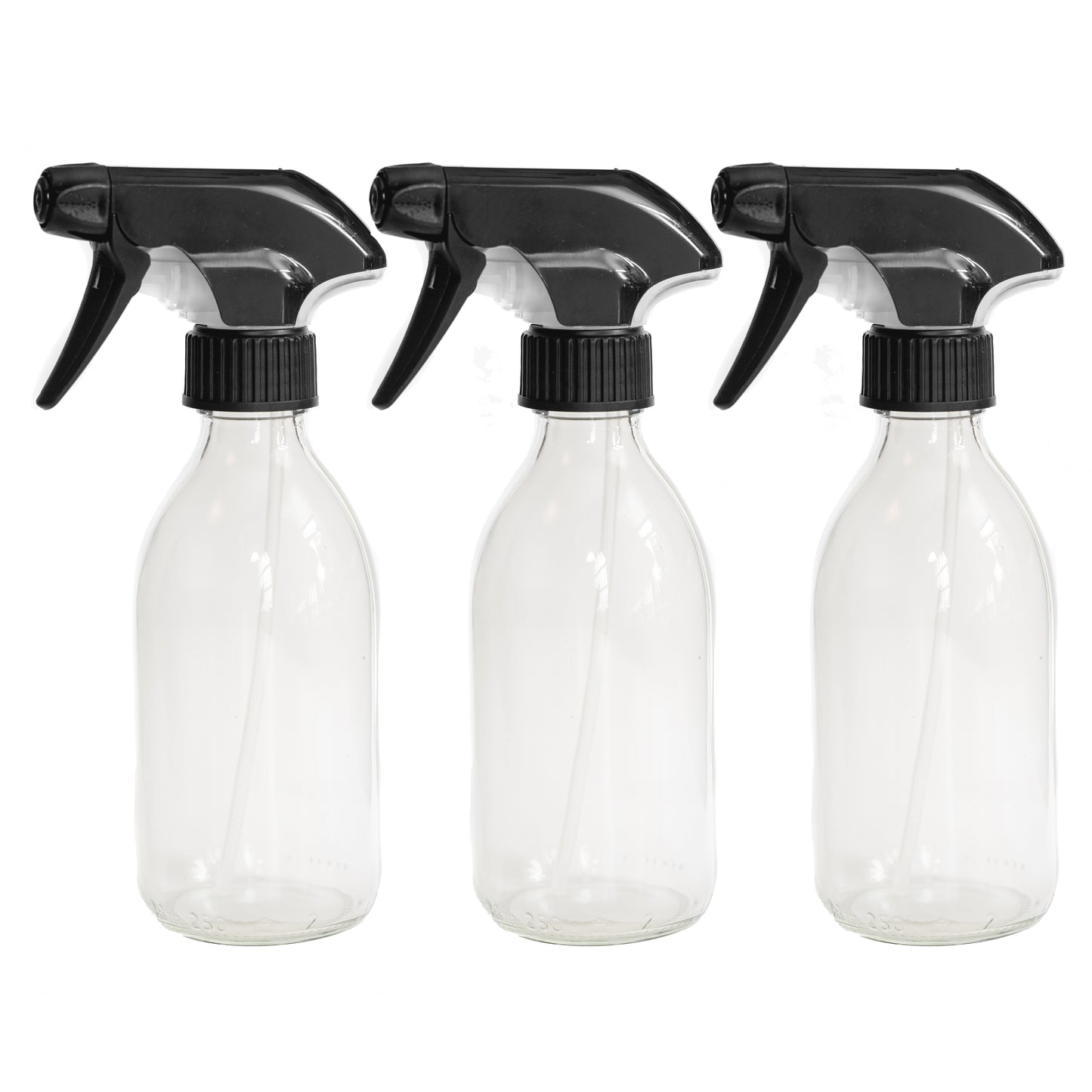 250ml Clear Glass Bottles with Black Trigger Sprays - Pack of 3