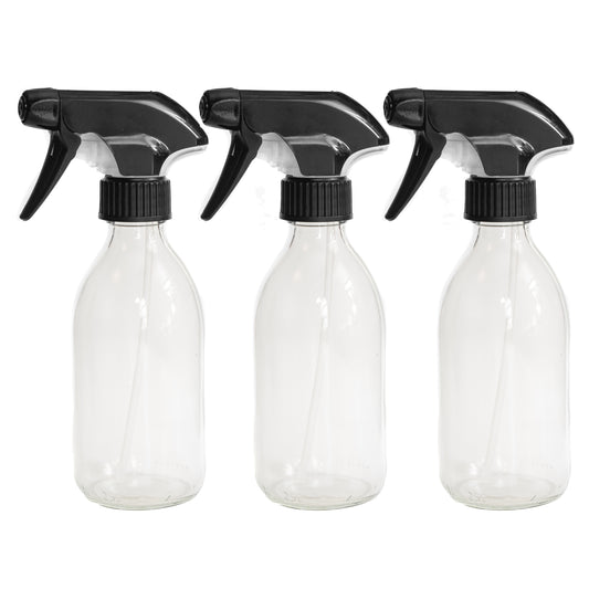 250ml Clear Glass Bottles with Black Trigger Sprays - Pack of 3