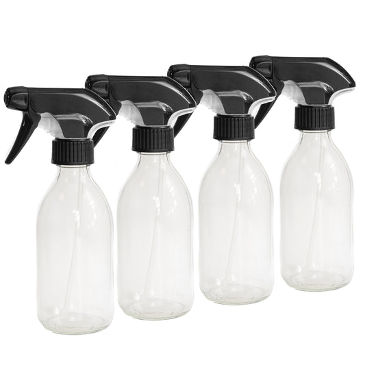 250ml Clear Glass Bottles with Black Trigger Sprays - Pack of 4