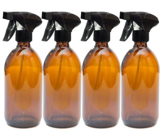 500ml Amber Glass Bottles with Black Trigger Sprays - Pack of 4
