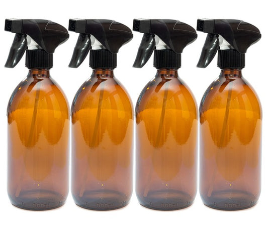 500ml Amber Glass Bottles with Black Trigger Sprays - Pack of 4