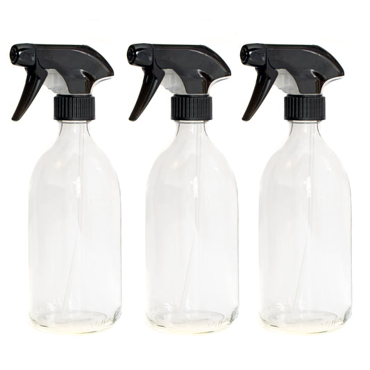 500ml Clear Glass Bottles with Black Trigger Sprays - Pack of 3