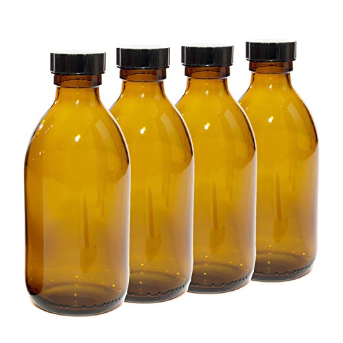 250ml Amber Glass Bottles with Black Lids - Pack of 4